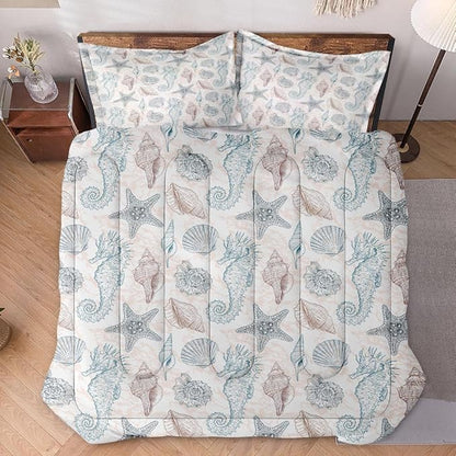 Twin Size Comforter Set with Pillowcase, Sea Shells Seahorse Coral Soft 2 Pcs Bedding for Kids and Adults, Underwater Seashell Retro Comforter Set for Room Bedroom Bed Decor