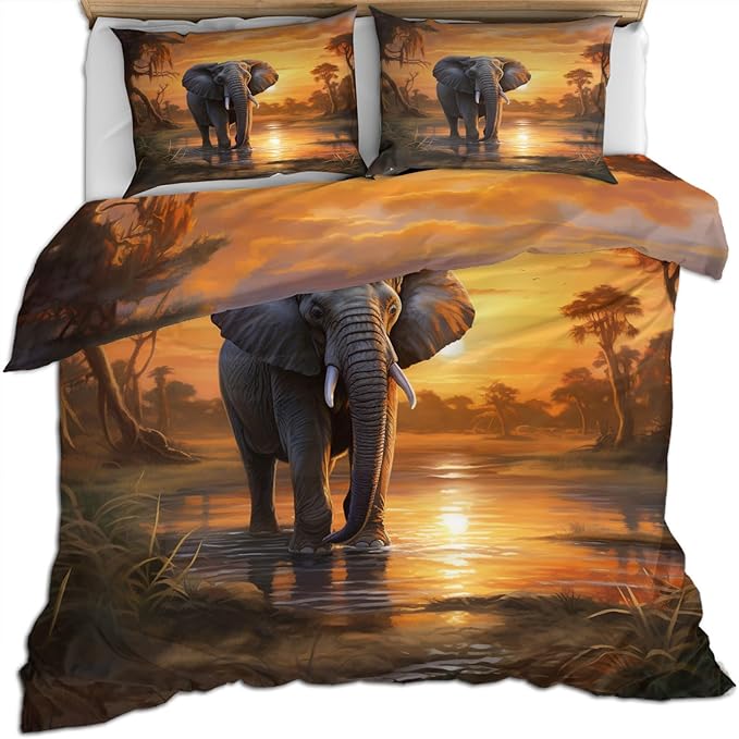 African Elephant Duvet Cover Twin Sunset Wade Elephant Bedding Set 2 Piece for Kids Bedroom Tropical Wildlife Patterned Comforter Cover with Zipper Ties & 1 Pillowcases