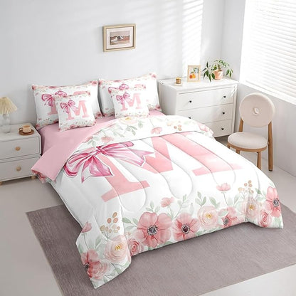 Erosebridal Dreamy Princess Bowknot King Bedding Sets, Pink Initial Letter M Comforter Cute Kawaii Letter Bow Bed in A Bag for Girls Kids Young Woman Romantic Flower Floral Bowknot Comforter Set
