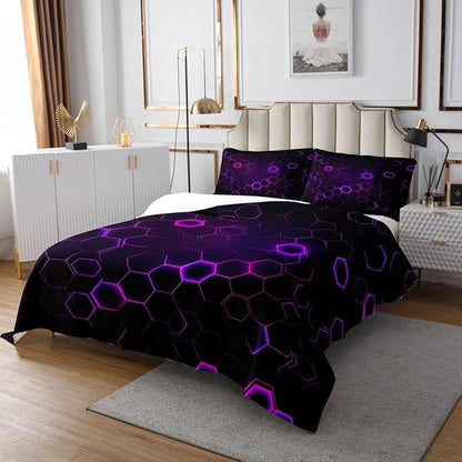 Erosebridal Geometric Bedding Set Hexagons Texture Coverlet Set King Size for Boys Girls Teens,Trippy Geometric Bedspread Galaxy Quilt Set Soft Cozy Bedroom Decor Purple Violet