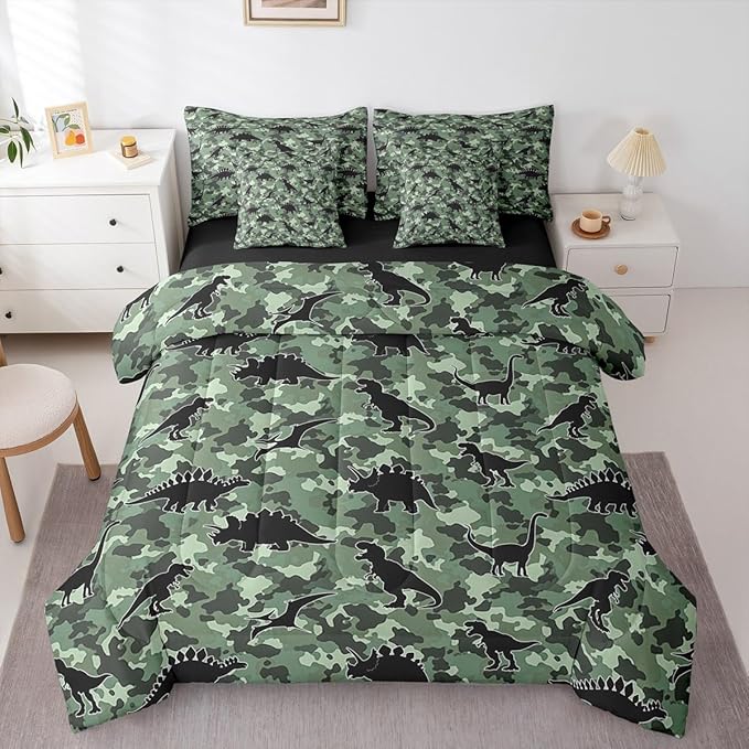 Feelyou Dinosaur 7 Piece Bedding Set Camouflage Print Comforter Set with Sheets for Kids Boys Girls Army Green Bed in a Bag Animal Theme Bed Set Soft Lightweight