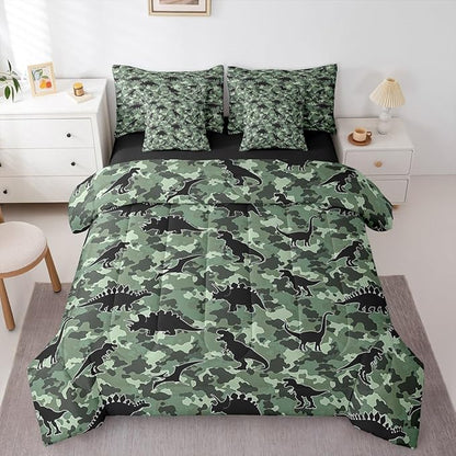 Feelyou Dinosaur 7 Piece Bedding Set Camouflage Print Comforter Set with Sheets for Kids Boys Girls Army Green Bed in a Bag Animal Theme Bed Set Soft Lightweight