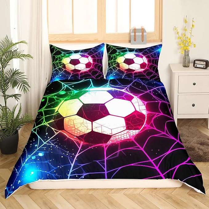 Castle Fairy Football Sports Comforter Cover Queen Size,Watercolor Soccer Duvet Cover with 2 Pillowcase,Boho Geometrical 3 Pieces Bed Set,Starry Galaxy Universe Bedding Set,Kids Teens Birthday Gift