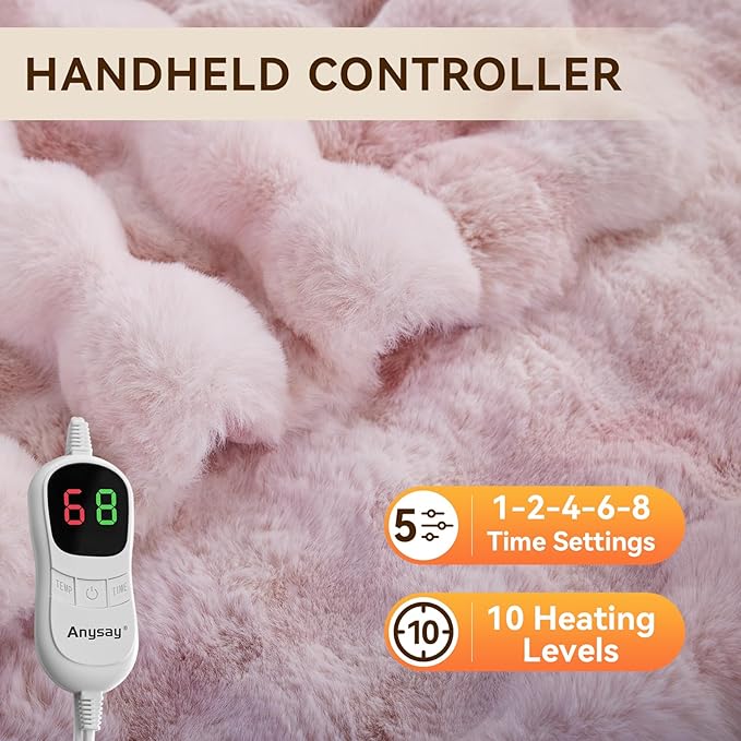 Heated Blanket Throw with 1/2/4/6/8 Hours Auto-Off 10 Heat Level, 62'' * 84'' Cozy Faux Rabbit Fur Bubble Electric Blanket with Overheat Protection(Tie-Dye Pink)