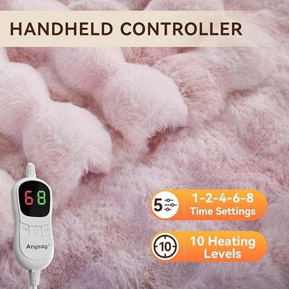 Heated Blanket Throw with 1/2/4/6/8 Hours Auto-Off 10 Heat Level, 50'' * 60'' Cozy Faux Rabbit Fur Bubble Electric Blanket with Overheat Protection(Tie-Dye Pink)