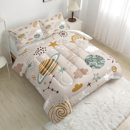 Space Bedding Comforter Set Queen Size for Kids Teens and Adults Planet and Clouds Printed Quilt Set for Bedroom 100% Soft Microfiber All Season Print Quilt Set with 1 Comforter and 2 PillowCases