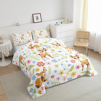 jejeloiu Cute Sika Deer Bedding Set Full Size Cute Flower Comforter Set for Kids Adult Boys Girls Cartoon Animal Duvet Set Colorful Quilt Set 3Pcs