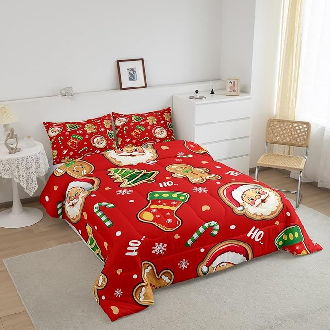Erosebridal Santa Claus Comforter Set King,Cute Gingerbread Man Bedding for Kids Child Teens,Cartoon Christmas Tree Snowflake Comforter Sets,Red Green Xmas Duvet Insert with 2 Pillowcases