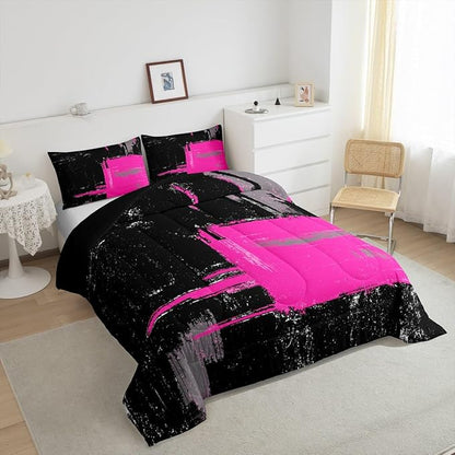 Feelyou Black Hot Pink Comforter King Size Geometric Comforter Set for Boys Girls Children Abstract Bedding Set Room Decor Modern Art Duvet Set 3Pcs