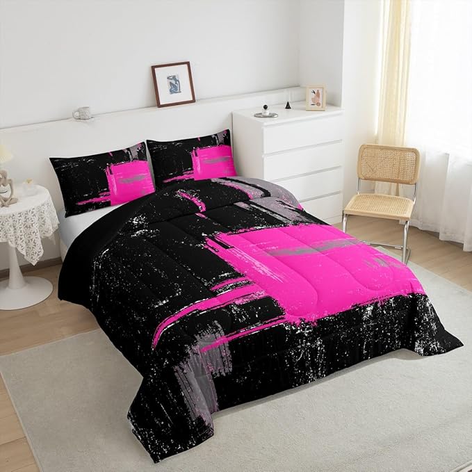 Feelyou Black Hot Pink Comforter Queen Size Geometric Comforter Set for Boys Girls Children Abstract Bedding Set Room Decor Modern Art Duvet Set 3Pcs