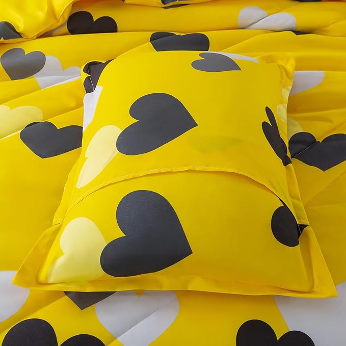 Caressma 3 Pieces Full Size Comforter Set for Boys Farmhouse Yellow Bedding Set with Black Heart All Season Fluffy Soft Lightweight(1 Comforter & 2 Pillowshams)