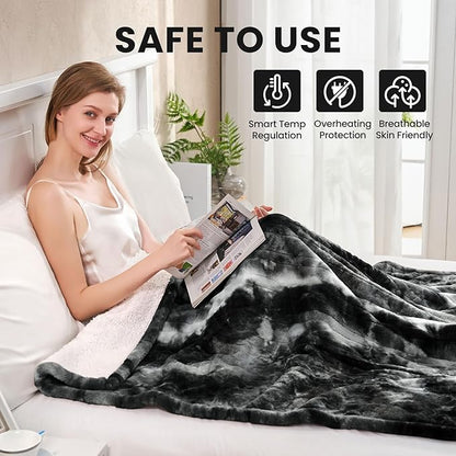 Electric Heated Blanket 90"x100", Luxury Black Faux Fur Electric Blanket, Fast Heating Soft Fluffy Thick Electric Blanket with 10 Heating Levels & 12H Auto Off