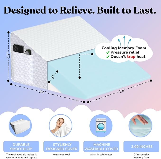 Sleepnitez 12" Bed Wedge Pillow for Sleeping After Surgery, Back Support, Leg Elevation, GERD Acid Reflux, Neck Pain Relief, Sleep Apnea, Snoring, Cooling 3.0" Memory Foam Top Triangle Incline Wedge