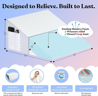 Sleepnitez 12" Bed Wedge Pillow for Sleeping After Surgery, Back Support, Leg Elevation, GERD Acid Reflux, Neck Pain Relief, Sleep Apnea, Snoring, Cooling 3.0" Memory Foam Top Triangle Incline Wedge