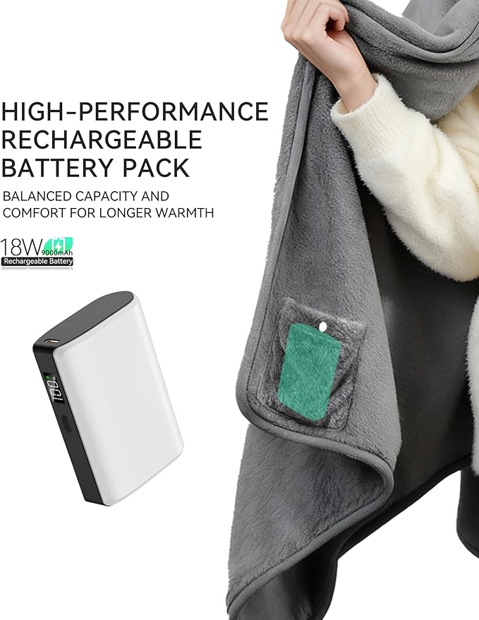 Cordless Heated Blanket, Battery Operated Portable Heated Throw with Rechargeable Battery Pack, Ultra-Soft Faux Rabbit Fur for Couch, Office, Camping & Travel