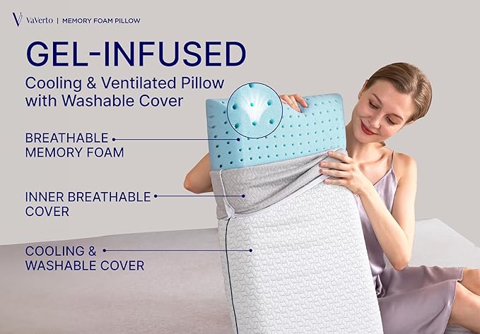 Vaverto Memory Foam Pillow 2-Pack – Cooling Gel-Infused Orthopedic Pillows for Neck and Shoulder Pain Relief, Firm Support with Removable Viscose Made from Bamboo Covers – Set of 2 Standard Size
