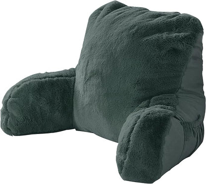 Plush Faux Fur Backrest Reading Bed Rest Pillow with Arms and Pockets for Sitting in Bed Couch Sofa, Back Support Wedge Cushion with Removable Cover, 20" x 18" x 17", Dark Gray