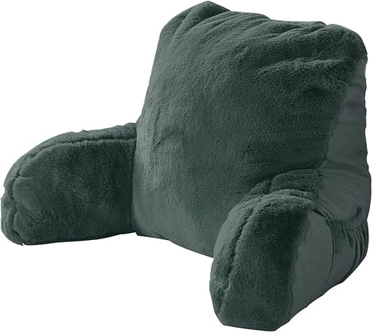 Plush Faux Fur Backrest Reading Bed Rest Pillow with Arms and Pockets for Sitting in Bed Couch Sofa, Back Support Wedge Cushion with Removable Cover, 20" x 18" x 17", Dark Gray