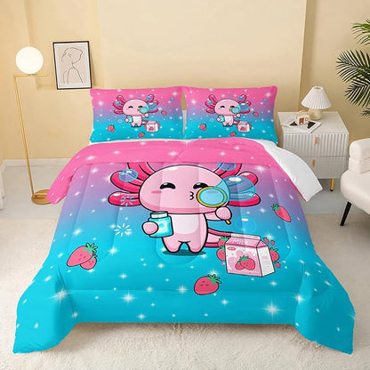 QOOMO Kawaii Axolotl Comforter,Pink Salamander Comforter Set for Kids Teens Girls,3Pcs Bedding Set Printed Comforter with 2 Pillowcases,Down Alternative,Soft and Lightweight(Pink，Twin Size)