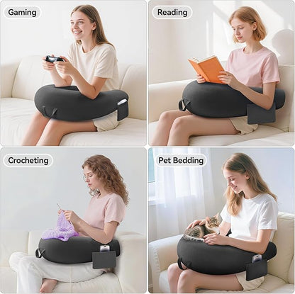 Crochet & Reading Pillow for Lap Support, Gaming Lap Desk Pillow, Sitting on The Bed/Sofa/Floor for Knitting, Large & Ergonomic Arm Rest Support, Pet Bed for Ipad/Laptop/Kindle - Black