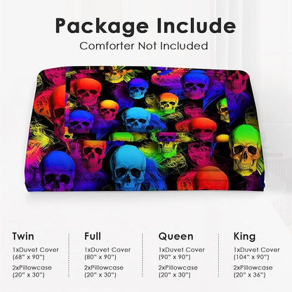 Skull Theme 3 Pieces Duvet Cover Comforter Set with 2 Pillowcase King Size Gothic Colorful Bed Sheet Quilt Bedroom Bedding for Lover Kids