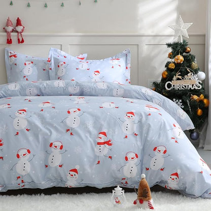 JSD Snowman Kids Duvet Cover Set Twin Size, 2 Piece Blue Printed Christmas Microfiber Comforter Cover with Pillow Sham Zipper Closure, Comforter Not Included