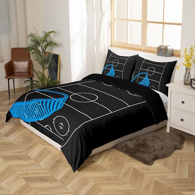 Ice Hockey Rink Print Duvet Cover Set King Size,Boys Ball Sports Games Themed Comforter Cover with 2 Pillowcases,Blue Hockey Stick Sporting Equipment Breathable Quilt Cover for Adult Women Gift,3pcs