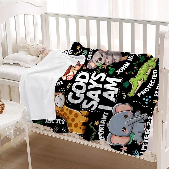 Bible Verse Blanket, Christian Gifts, God Says I am Blankets,Giraffe Lion Koala Elephant Print Animal Blankets, Cute Religious Baptism Gift for Son,Animals Lover Room Bed Decoration, 30"x40"
