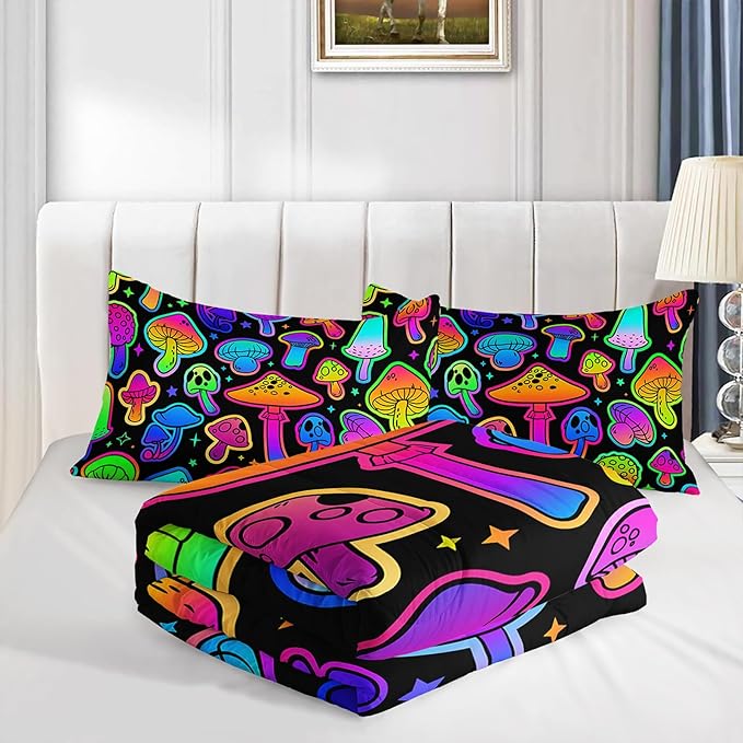 Axolotl Mushroom Kids Bedding Comforter Set King,3Pcs Colorful Gradient Mushroom Quilt Set,Cartoon Botanical Plants Bedding with 1 Comforter 2 Pillowcases for Boys Girls Teens Adults All Season