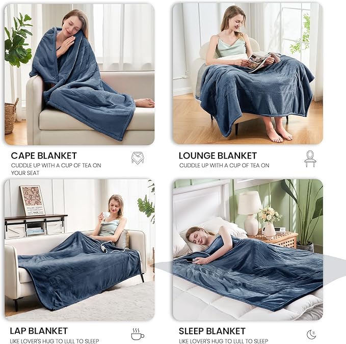Electric Heated Blanket,Flannel & Sherpa Heated Throw Blanket 50"x60",Fast Heating Soft Fleece Blanket with 6 Heating Levels & 4H Auto Off-Blue