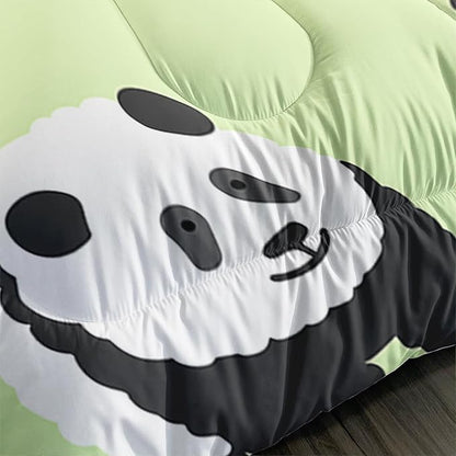 Kawaii Cartoon Black White Panda 3Pcs Bedding Animal Themed Comforter Full Bamboo Heart Pattern Bedding Set for Kid Teen Girl Boy Bed Decor Green Paw Quilt with 1 Comforter and 2 Pillowcases