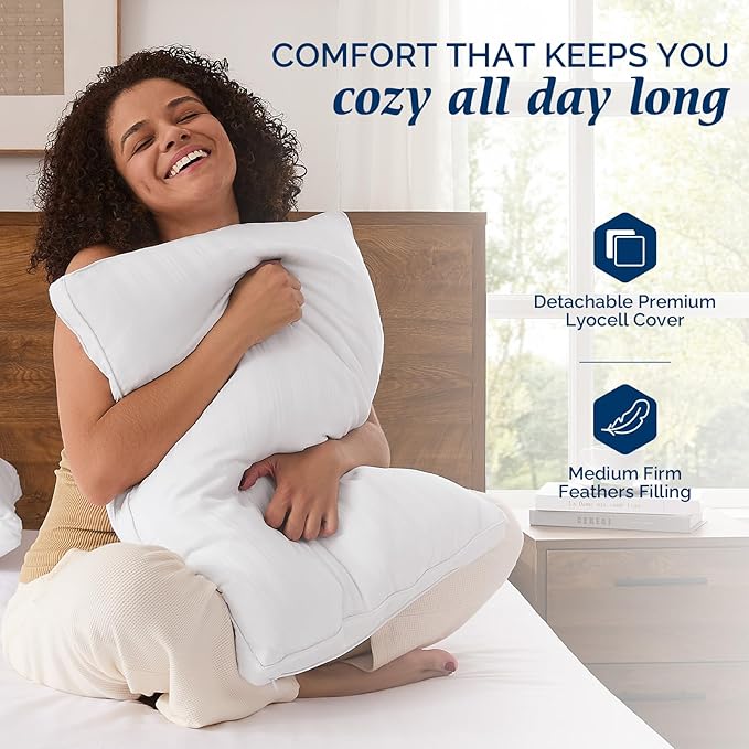 downluxe Goose Feather and Down Pillows - 2 Pack Gusseted Hotel Collection Feather Pillows Set of 2 for Back, Stomach or Side Sleepers, King Size (18"x34"x2")
