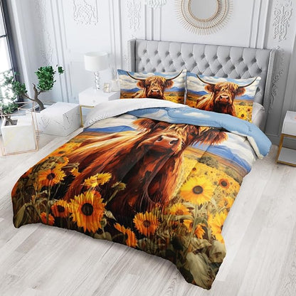 Cute Cow Print Comforter Set Twin Size Sunflower Sky Cloud Cow Bedding Set Farm Animals Cow Quilt Bed Set with 1 Comforter and 2 Pillowcases for Kids Boys Girls Room Decor