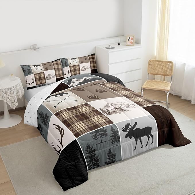 Hunting Camper Bedding Set King Size Bear Elk Arrow Wild Animals Comforter Set Kids Boys Teens Women Rustic Farmhouse Cabin Home Decor 3pcs,Retro Geometric Stripes Plaid Duvet Insert,Brown Grey