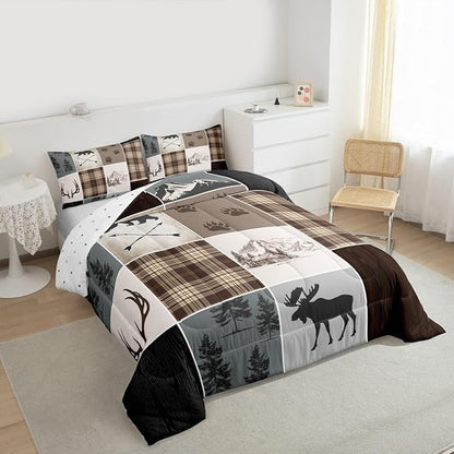 Hunting Camper Bedding Set King Size Bear Elk Arrow Wild Animals Comforter Set Kids Boys Teens Women Rustic Farmhouse Cabin Home Decor 3pcs,Retro Geometric Stripes Plaid Duvet Insert,Brown Grey