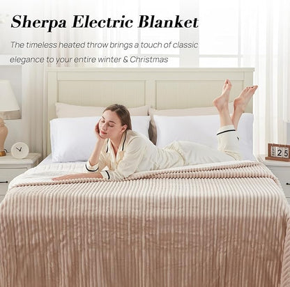 Westinghouse Queen Size Electric Blanket, Flannel to Sherpa Reversible, Heated Blanket Queen with Dual Control 10 Heating Settings & 1-12 Hours Auto Shut Off, Machine Washable, (84" x 90", Beige)