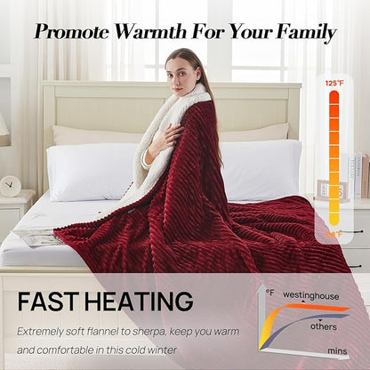 Westinghouse Queen Size Electric Blanket, Flannel to Sherpa Reversible, Heated Blanket Queen with Dual Control 10 Heating Settings & 1-12 Hours Auto Shut Off, Machine Washable, (84" x 90", Red)