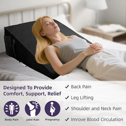 Memory Foam Bed Wedge Pillow (10"x24"x24") - Acid Reflux & Back Pain Relief, Anti-Snoring Incline Design, Removable Washable Cover for Sleep & Post-Surgery Support