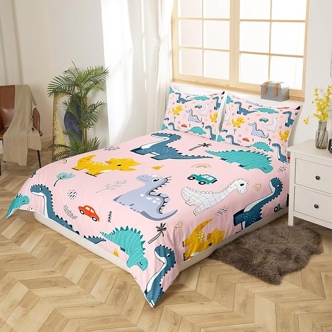 Cute Dino Kids Duvet Cover Queen Size,Cartoon Cars Dinosaur Rainbow Print Duvet Cover Set for Children Adult,Kawaii Animal Vehicle Drawn Pink Soft Comforter Cover for Dorm Room, Zipper, Ties