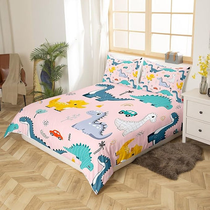 Cute Dino Kids Duvet Cover Queen Size,Cartoon Cars Dinosaur Rainbow Print Duvet Cover Set for Children Adult,Kawaii Animal Vehicle Drawn Pink Soft Comforter Cover for Dorm Room, Zipper, Ties