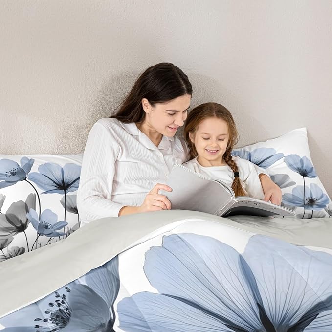Erosebridal Blue Floral King Bedding Set,Blue and Gray Flower Comforter Set for Kids Girls Women,Vintage Flowers Quilt,Rustic Country Wildflower Bedroom Decor with 2 Pillowcases,Lightweight