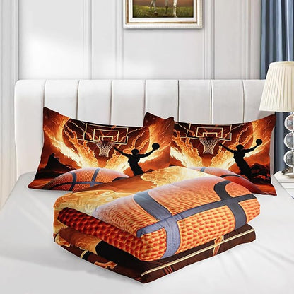 Basketball Bedding Set Twin Size,Slam Dunk Flame Basketball Print Bedding Comforter Set for Boys Girls Bedroom Decor,Sports Themed Sets Comforter with 2 Pillowcases.