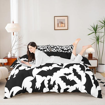 Castle Fairy Halloween Bat Duvet Cover Queen Size,Black Bats Silhouette Animal Print Polyetser Bedding Set (Not Comforter),Happy Holiday Gothic Style White Comforter Cover for Bedroom, Zipper, Ties