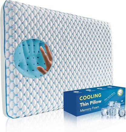 Stomach Sleeping Pillow for Shoulder and Neck Pain Relief, Thin Memory Foam Pillows - Cooling Slim Gel Memory Foam Pillow for Stomach and Back Sleepers ,Low Profile pillows 2.75-inches -King size
