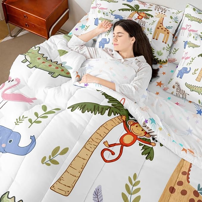 Feelyou Kids Zoo Animals 7 Piece Bedding Set Cute Giraffe Monkey Elephant Comforter Set with Sheets for Kids Boys Girls Plants Printed Bed in a Bag Animal Theme Bed Set Soft Lightweight