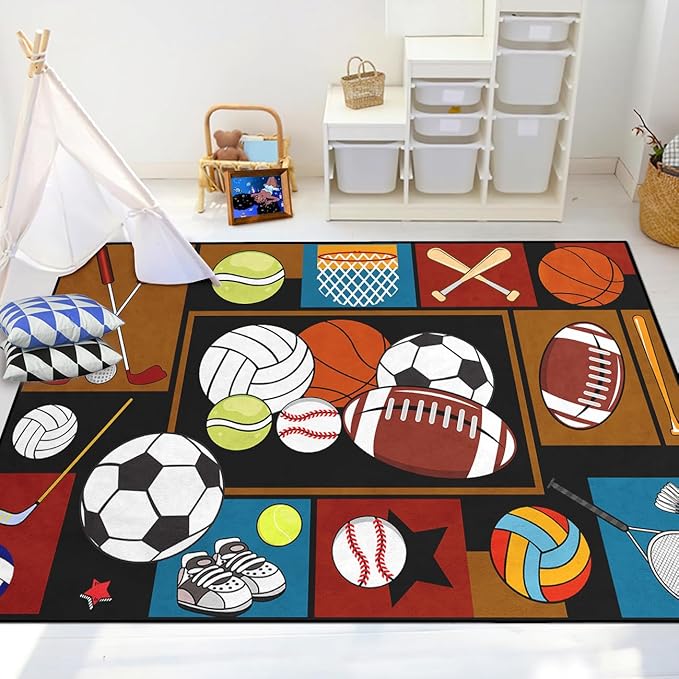 Sports Rugs for Boys Bedroom - Basketball Rug for Boys Bedroom Kids Carpet Sports Theme Basketball, Soccer, Baseball Carpet for Living Room Floor Mat Welcome Mat, 4x5 Feet