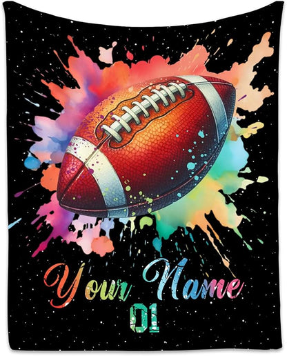 Personalized Football Blanket, Custom Football Gifts for Boys Men Adults, Flannel Throw Blankets for Team Player, Sport Theme Throws Boys Room Decor for Couch Sofa (Colorful, 30x40 Inch)