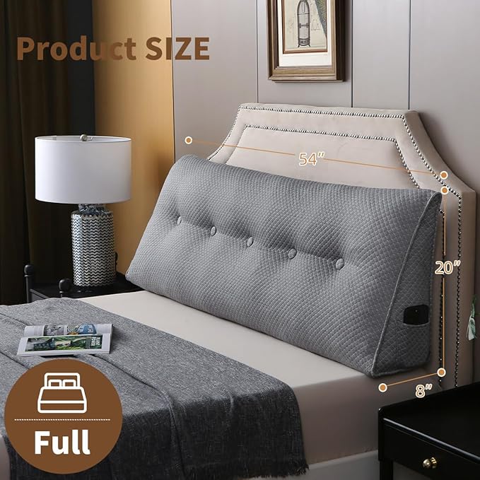 Wedge Headboard Pillow for Bed, Full Dorm Headboard Pillow Support for Sitting Up, Reading, Relaxing, Bolster Pillow with Removable Washable Cover, Gray