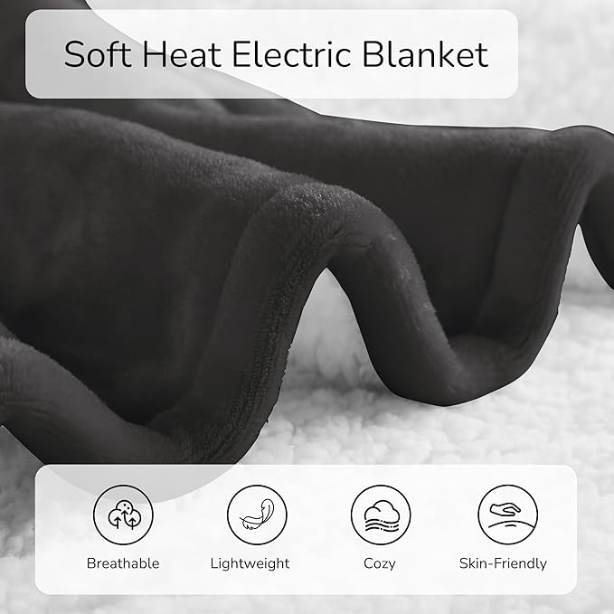 Electric Heated Blanket Queen Size 84"x90" - Dual-Sided with Microplush & Sherpa Fabric, 4 Heat Settings & 10 Hours Auto Off, Machine Washable - Iron Gray