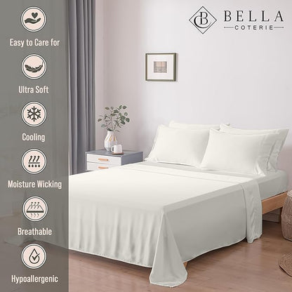 Bella Coterie 6 Piece Luxury Bamboo Viscose King Size Sheet Set | 100% Organically Grown | Cooling for Hot Sleepers | 18" Deep Pocket | Soft & Hypoallergenic | 4 Pillowcases [Ivory]